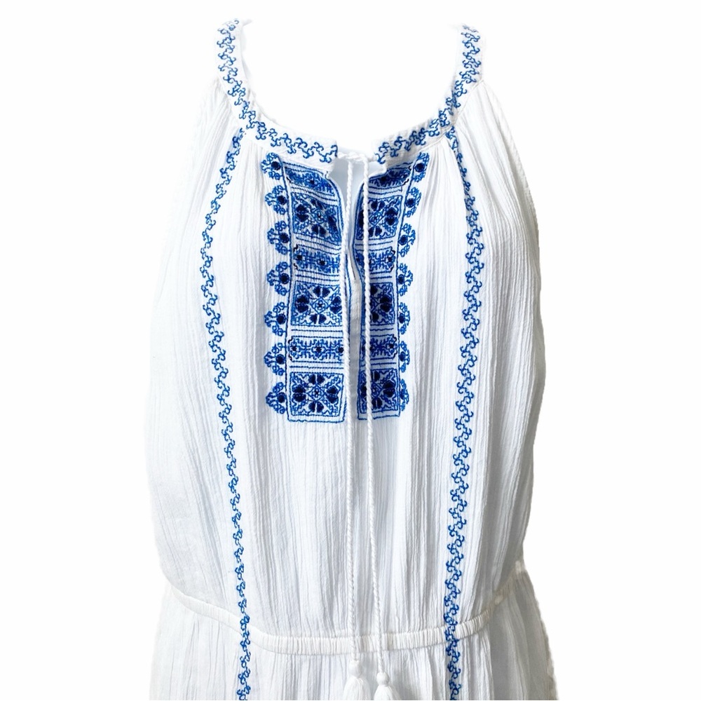 Bass, Dress Cotton Embroidered Dress Keyhole Tassel Tie Detail Cinched Waist